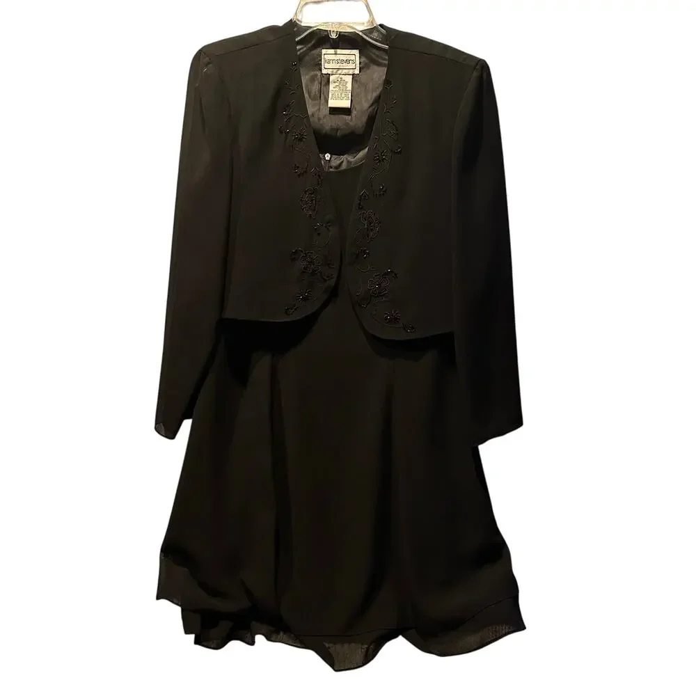 Karin Stevens Black Dress w/ Embroidered Jacket Size 12 Vtg Career, Church Women